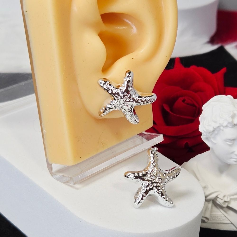 Silver Starfish Stud Earrings Textured Sea Star Coastal Beach Jewelry Vacation